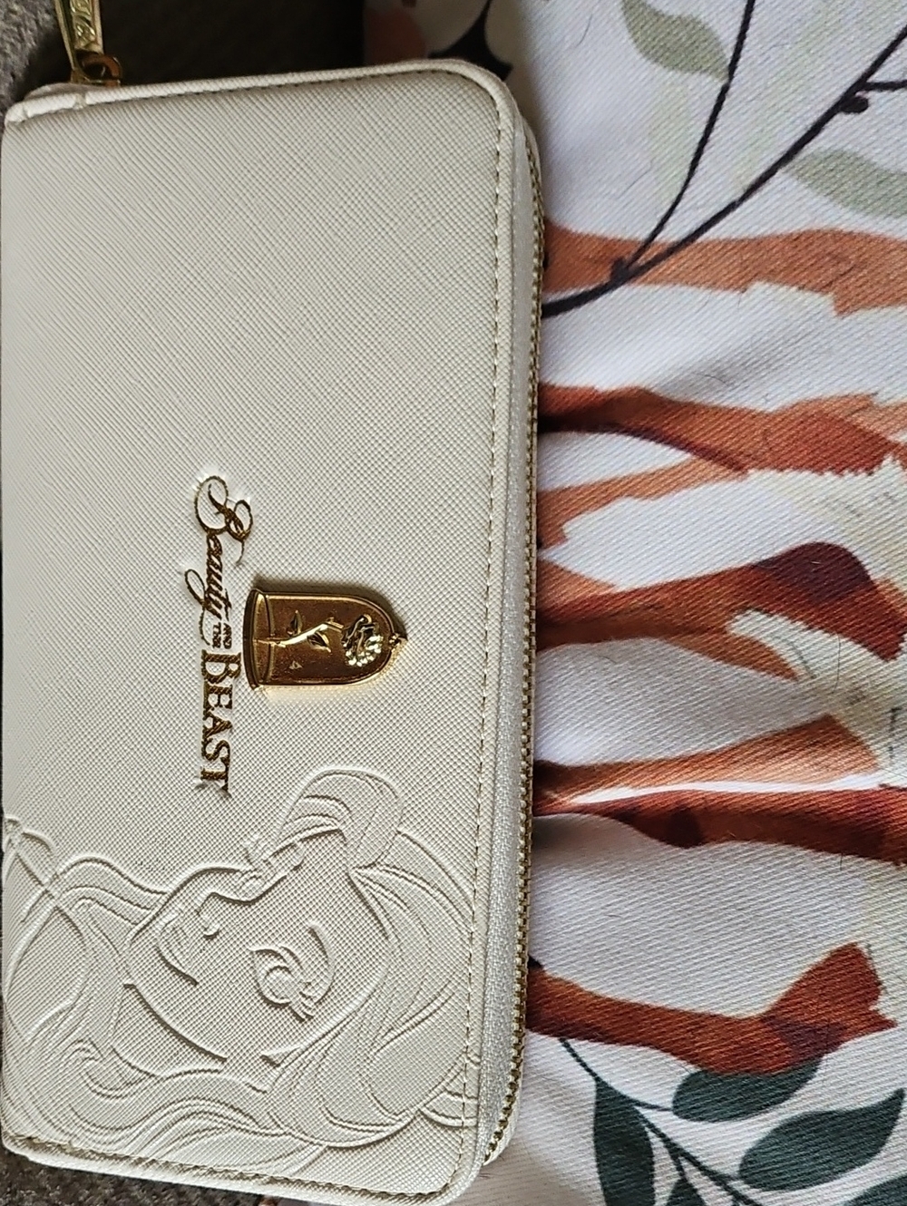 Disney Cream Beauty and the Beast Embossed Zip Wallet with Gold Hardware